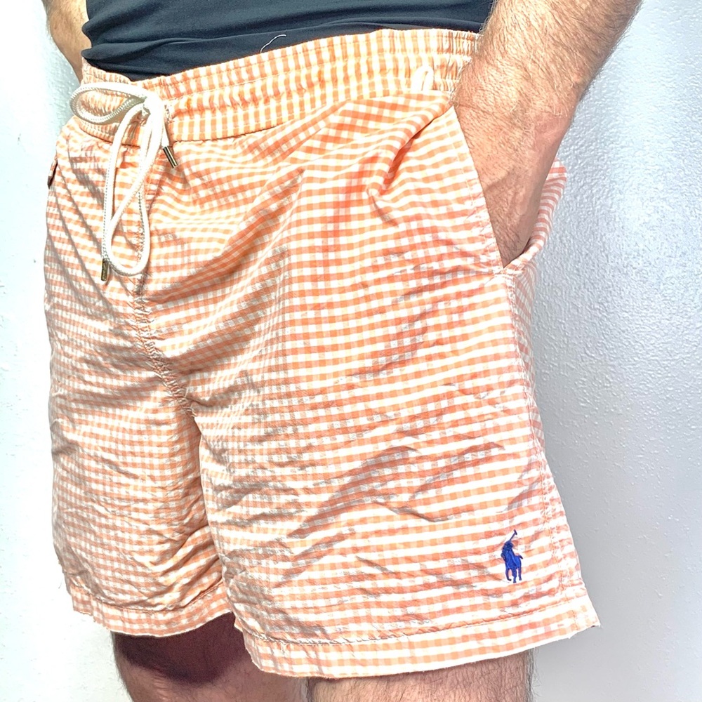 Polo by Ralph Lauren Gingham Pattern Traveler Cotton Blend, Swim Shorts.
